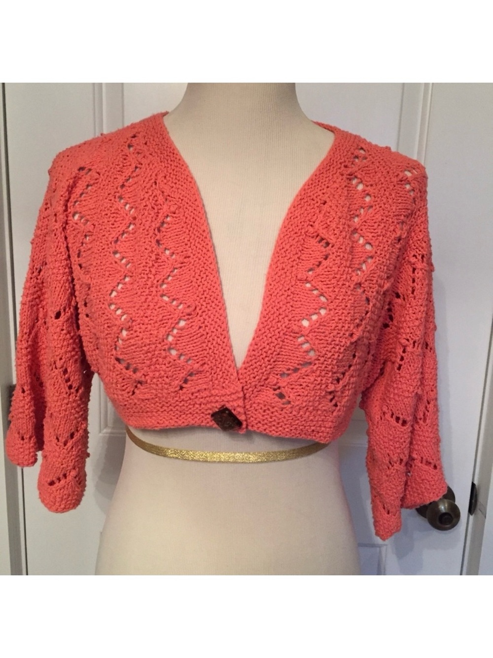 SWEATER CARDIGAN SHRUG HAND KNIT PINK CORAL Small Fit